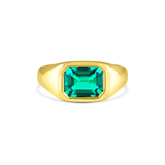 A beautiful heirloom and statement piece. The stone can be modified to be any stone or diamond. This ring features a 2 carat emerald cut emerald. We can source lab or natural.